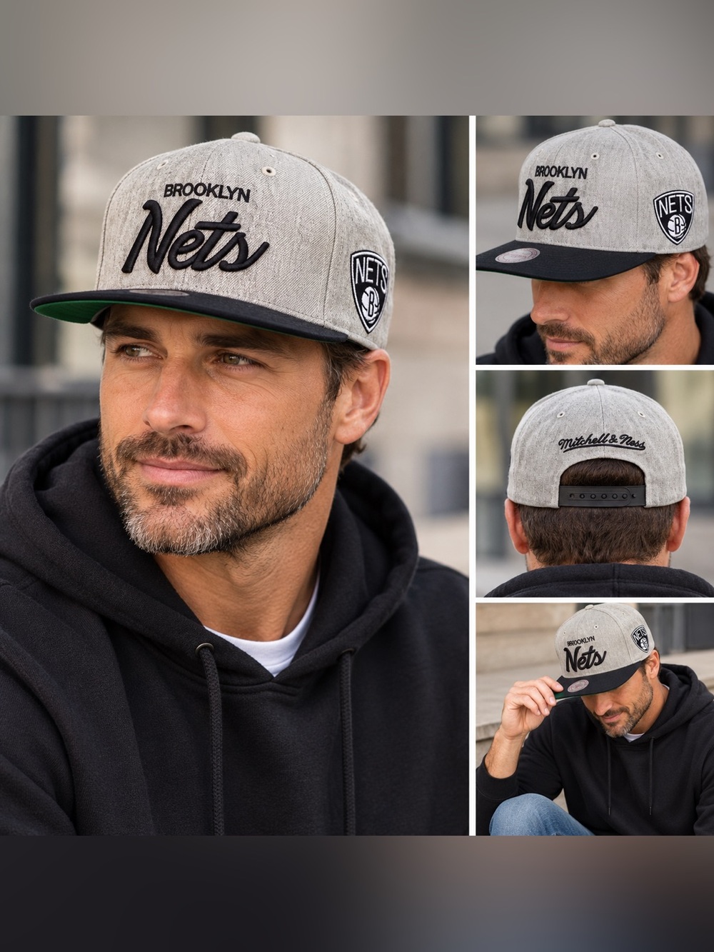 Mitchell & Ness Brooklyn Nets NBA Snapback Hat Gray Black Green Brim 2014